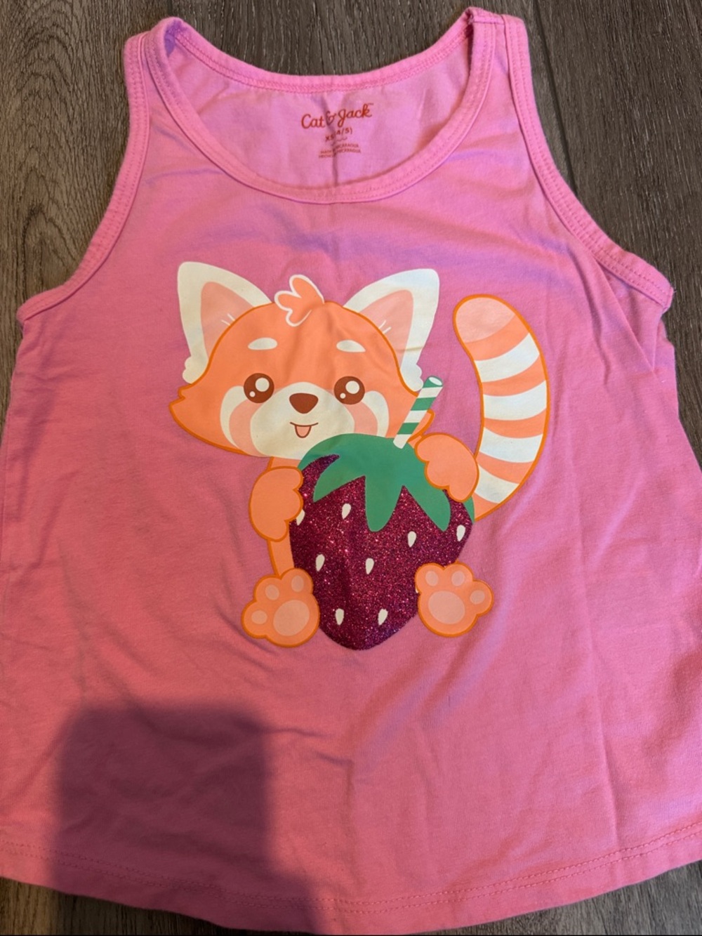 Cat & Jack Pink Tank Top with Orange Red Panda and Green Strawberry Leaf